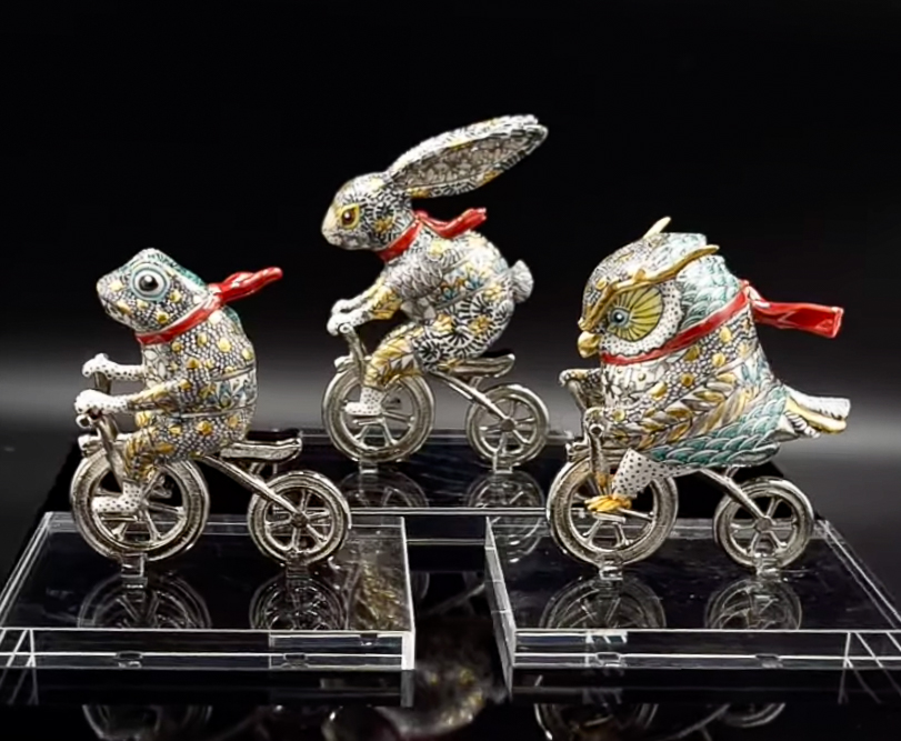 北村和義 お出かけシリーズ オブジェ 自転車に乗るうさぎ カエル フクロウ